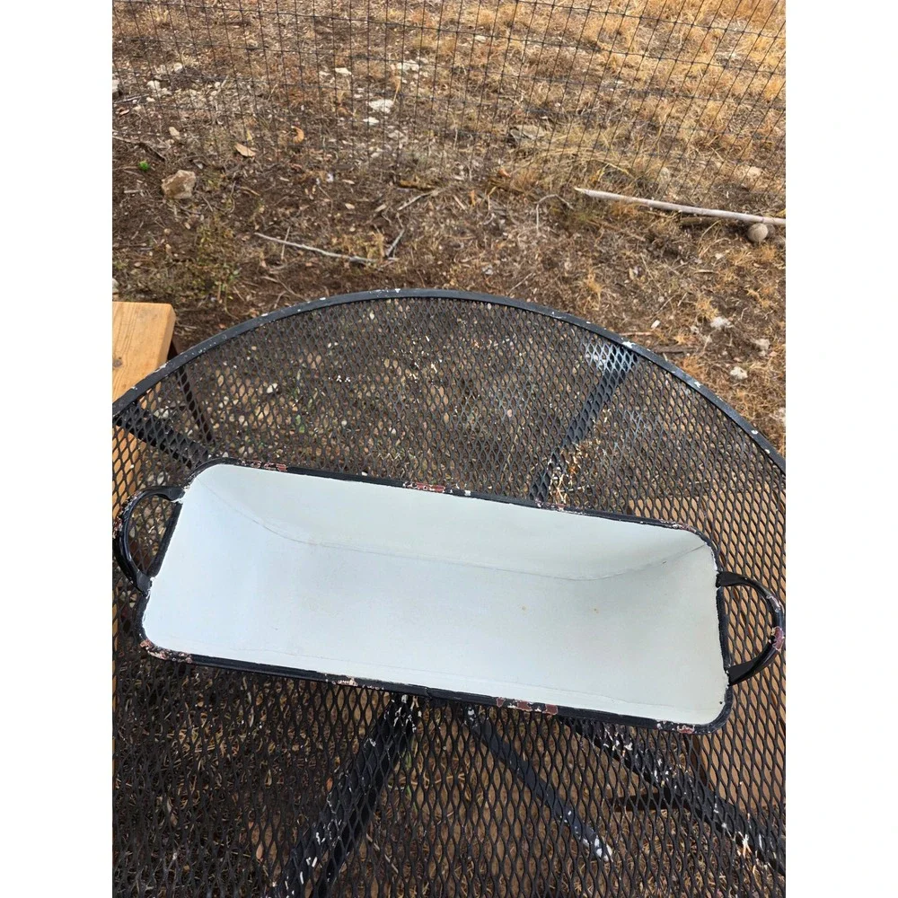 Vintage Enamelware Trough Planter White Black Trim Distressed Farmhouse Basin